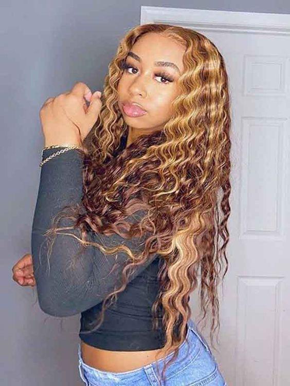 B Top Virgin Wig 13x4 Deep Wave Lace Front Blonde Highlight Wig 180 Density (18"-28" Available) - Hershow Hair