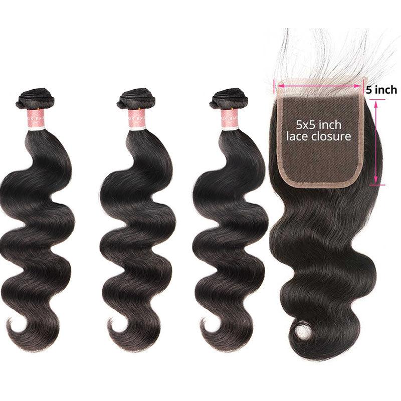 B Top Virgin Body Wave 3 Bundles with 5x5 Transparent Lace Closure - Hershow Hair