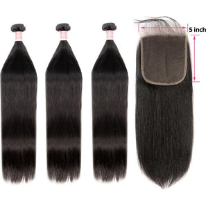 B Top Virgin Straight Hair 3 Bundles with 5x5 Transparent Lace Closure - Hershow Hair